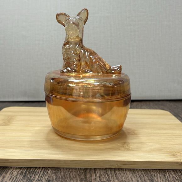 Vintage Jeannette Carnival Glass Scottie Dog Covered Powder Trinket Covered Dish - Picture 1 of 7